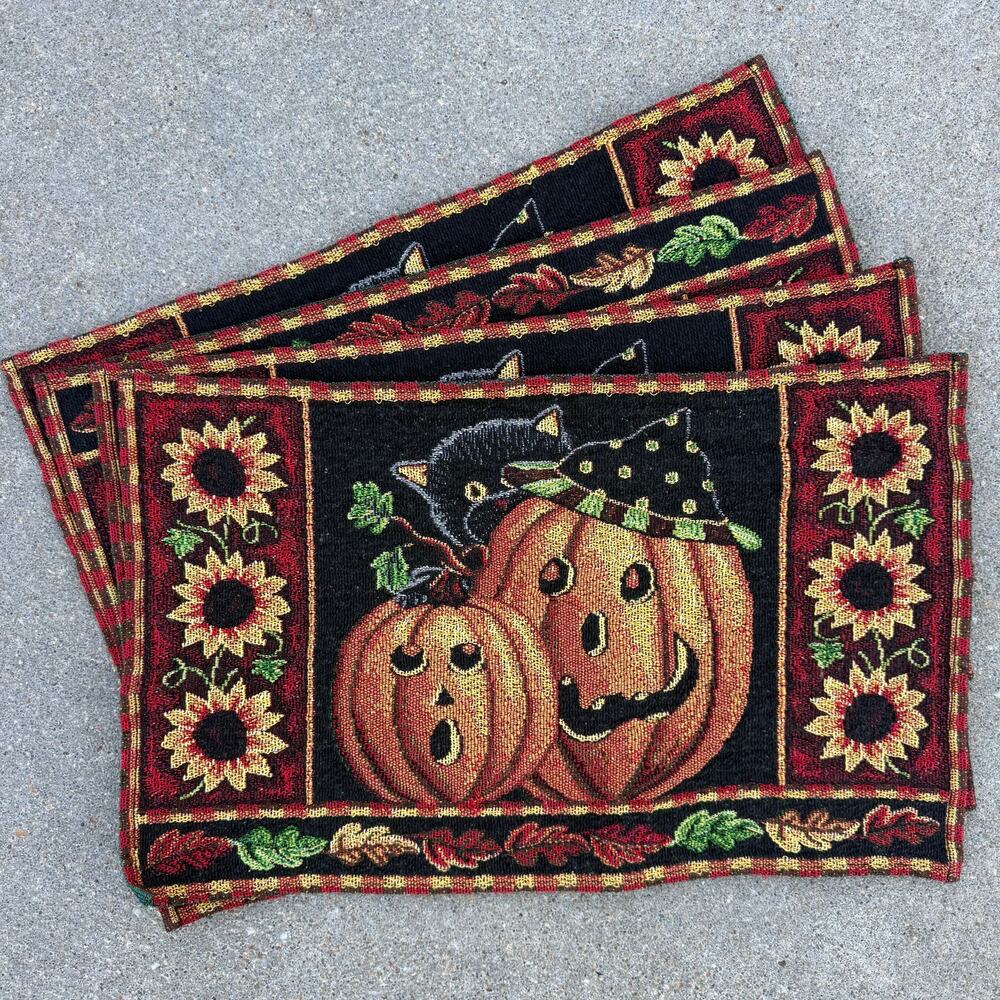 Goblincore Pumpkin Jack-o-Lantern Cat Tapestry Woven Placemat Fall Harvest Set 4